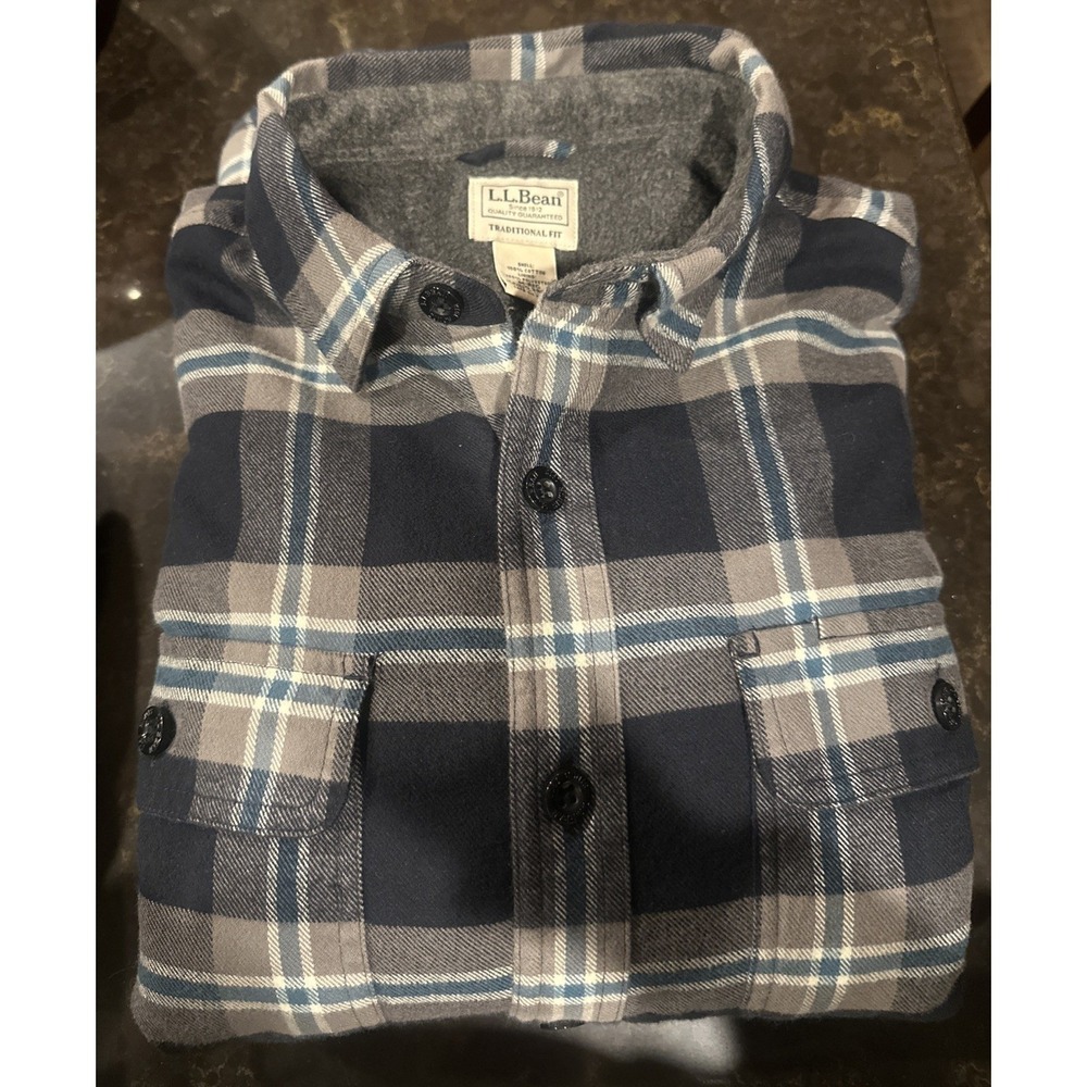 LL Bean Shacket Mens SZ MED Blue Gray Plaid Flannel Jacket Fleece Lined Camp